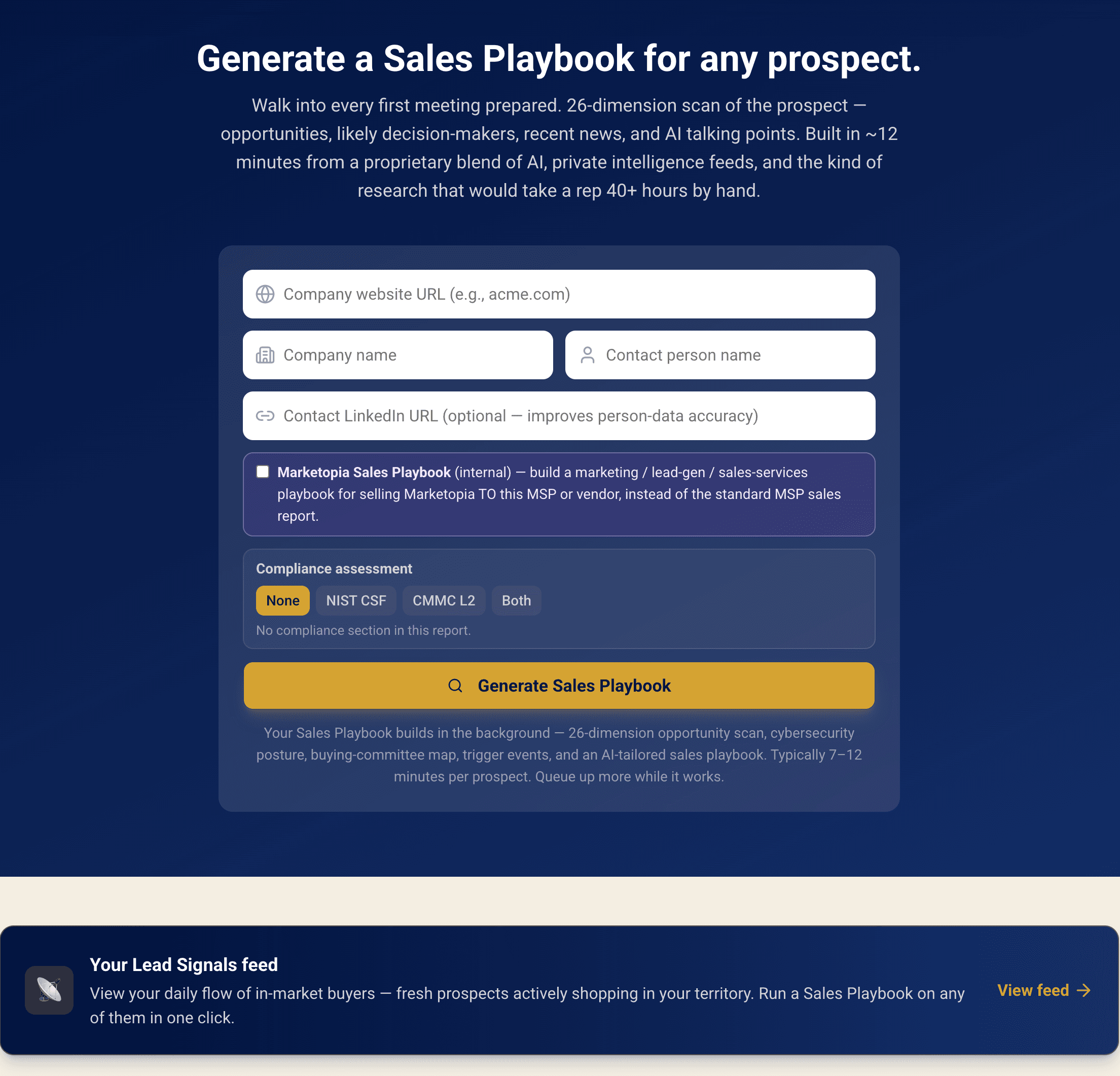 Sales Playbook — the generate form: paste a company URL and a contact